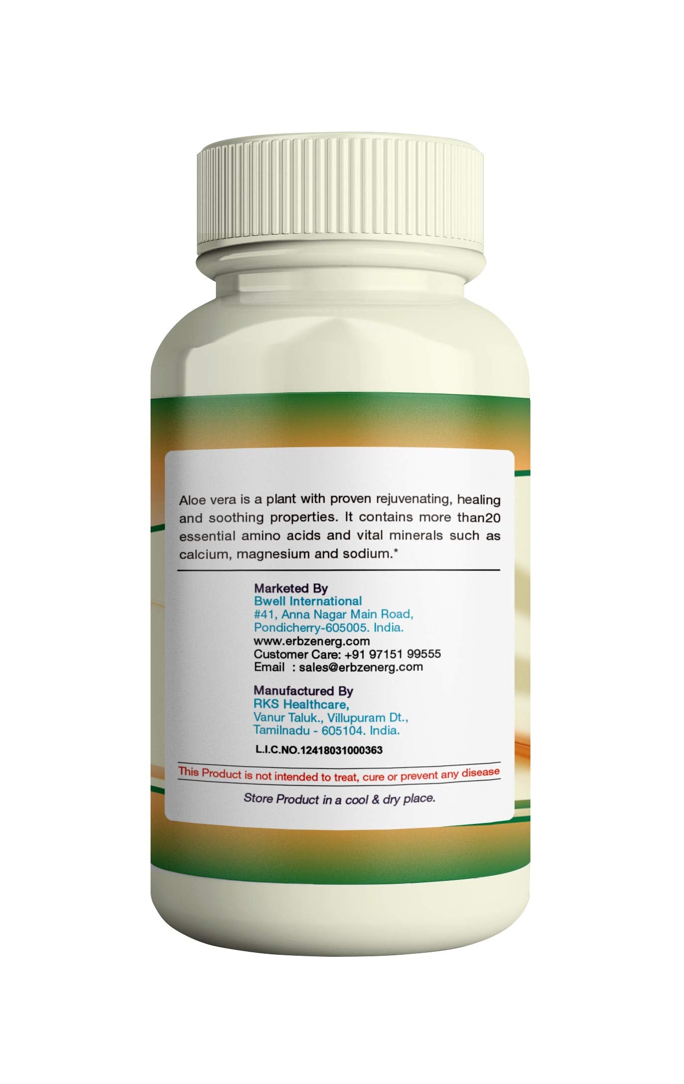 ERBZENERG Certified Organic Aloe vera Extract (Aloe barbadensis) 60 Capsules (Pack of 1)