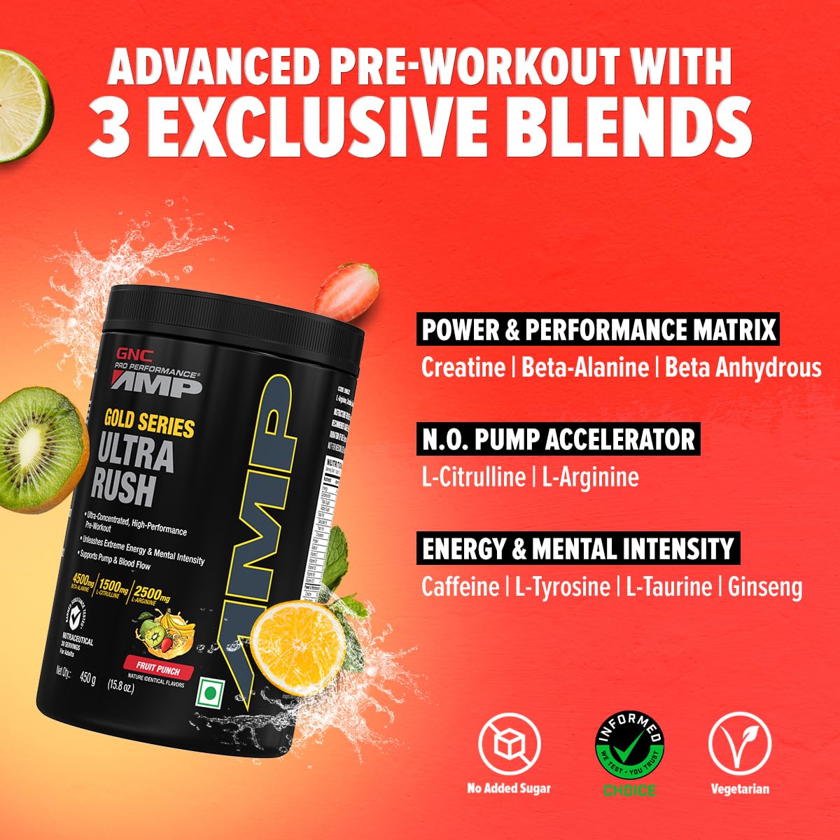 GNC AMP Gold Series Ultra Rush Pre-Workout | 450 gm | 30 Servings | Maximum Energy & Stamina | Deep Mental Focus | Powerful Muscle Pump | 4.5g Beta-Alanine | 1.5g L-Citrulline | 2.5g L-Arginine | Fruit Punch