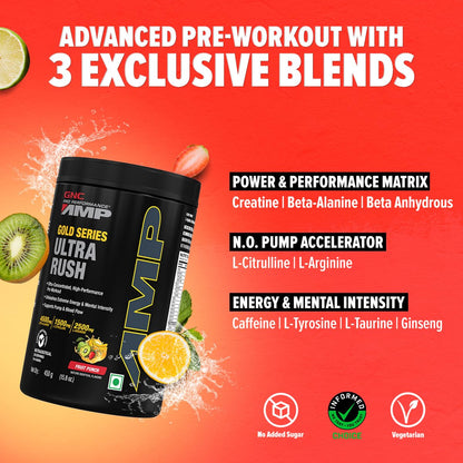 GNC AMP Gold Series Ultra Rush Pre-Workout | 450 gm | 30 Servings | Maximum Energy & Stamina | Deep Mental Focus | Powerful Muscle Pump | 4.5g Beta-Alanine | 1.5g L-Citrulline | 2.5g L-Arginine | Fruit Punch