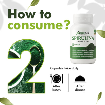 Neelasia 100% Organic Spirulina Capsules (1500mg Per Serving) | Natural Superfood Supplement | Rich in Protein, Iron & Antioxidants | Supports Immunity, Energy & Detox | 60 Capsules