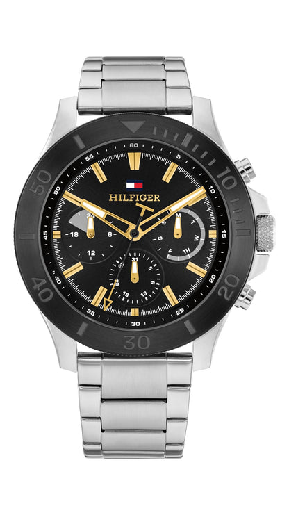 Tommy Hilfiger Men's Multifuction Stainless Steel Bracelet Silver Band, Black Dial Analog Watch