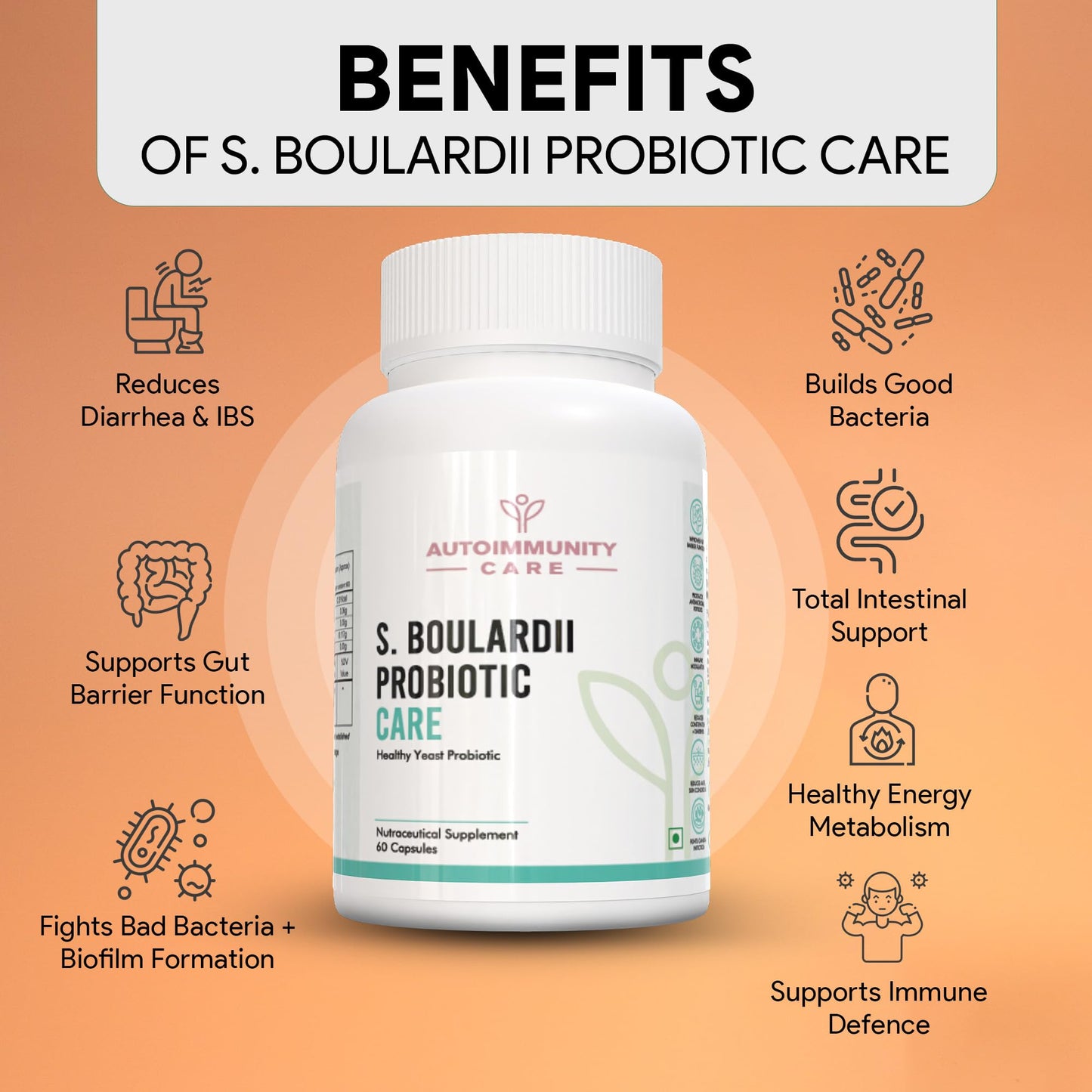 Autoimmunity Care S. Boulardii Care – Saccharomyces Boulardii Probiotic Supplement | 10 Billion CFU | Probiotics Supplement for Gut Health, Intestinal Lining & Microbial Balance | 60 caps (60 doses)