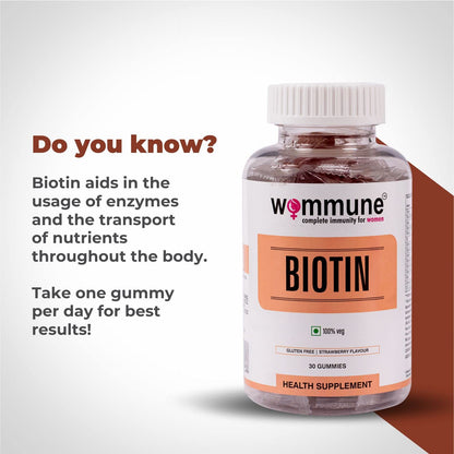 Wommune Biotin Gummies with Zinc, Vitamin C, A, D, E, B6, B12, B5 & Folic Acid for Hair, Skin & Nail Supplements | Strawberry Flavour | helps in Skin care & Hair Growth 30gummies