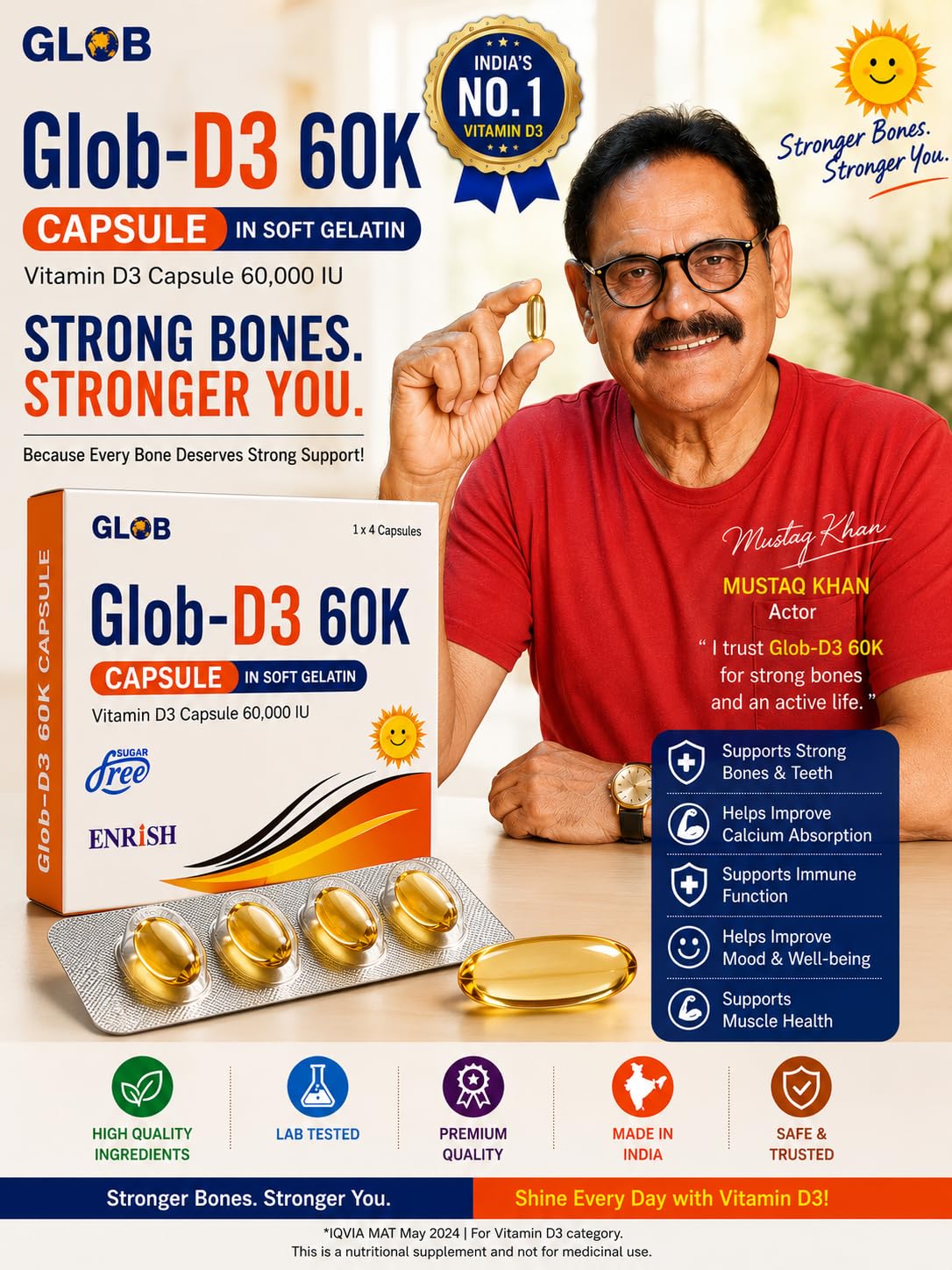 GLOB D3 60K Cholecalciferol Vitamin D3 60000 IU Softgel Capsules Once Weekly Use Pack of 5