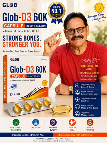 GLOB D3 60K Cholecalciferol Vitamin D3 60000 IU Softgel Capsules Once Weekly Use Pack of 5