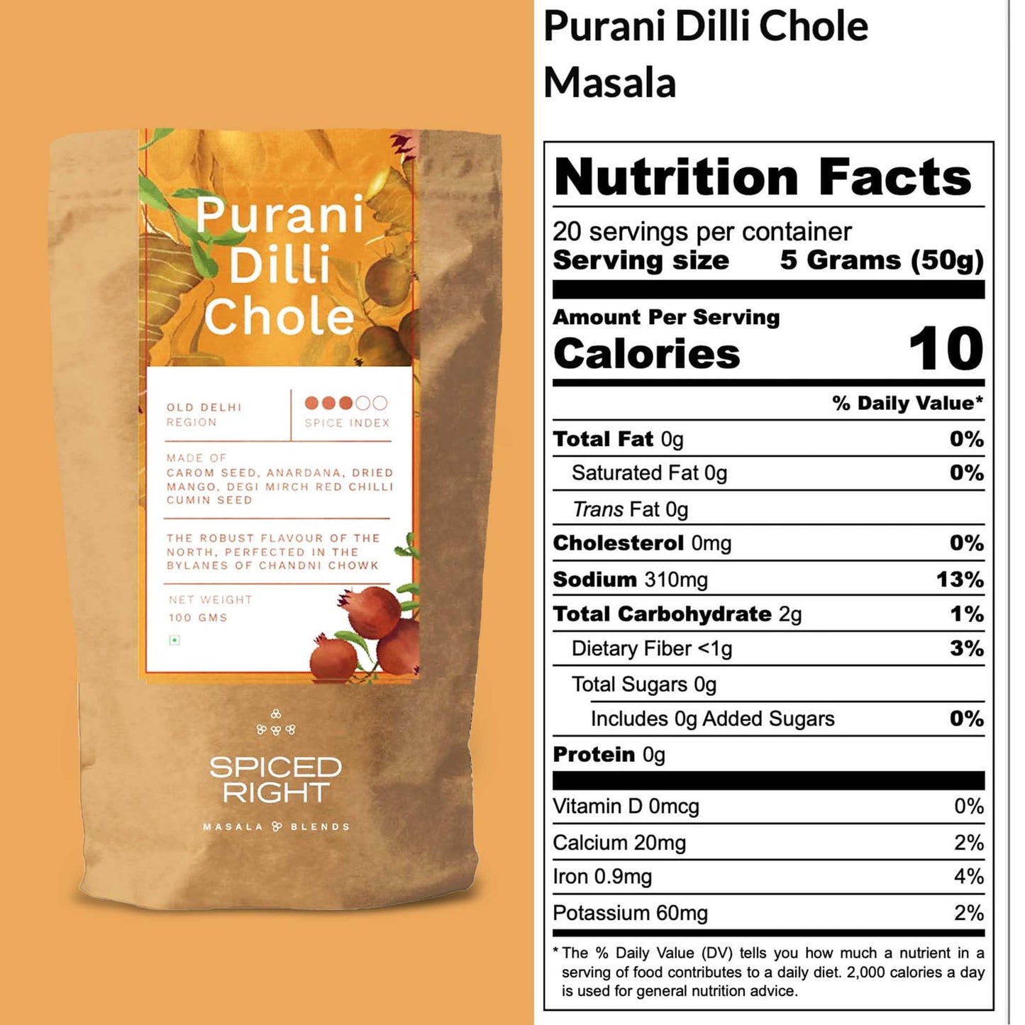 Spiced Right Purani Dilli Chole/Chana Masala Powder 100g | Authentic Punjabi Amritsari Pindi Style Masala for Chickpeas, Choley Bhature | No Onion Garlic | Traditional Indian Spice Blend