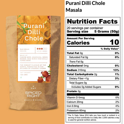 Spiced Right Purani Dilli Chole/Chana Masala Powder 100g | Authentic Punjabi Amritsari Pindi Style Masala for Chickpeas, Choley Bhature | No Onion Garlic | Traditional Indian Spice Blend
