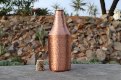 DeKulture Hand Hammered Pure Copper Water Bottle with Wooden Cork Lid (1 Liter) - Ayurvedic & Yoga Benefits, 3.5 x 9.5 (DH) Inches