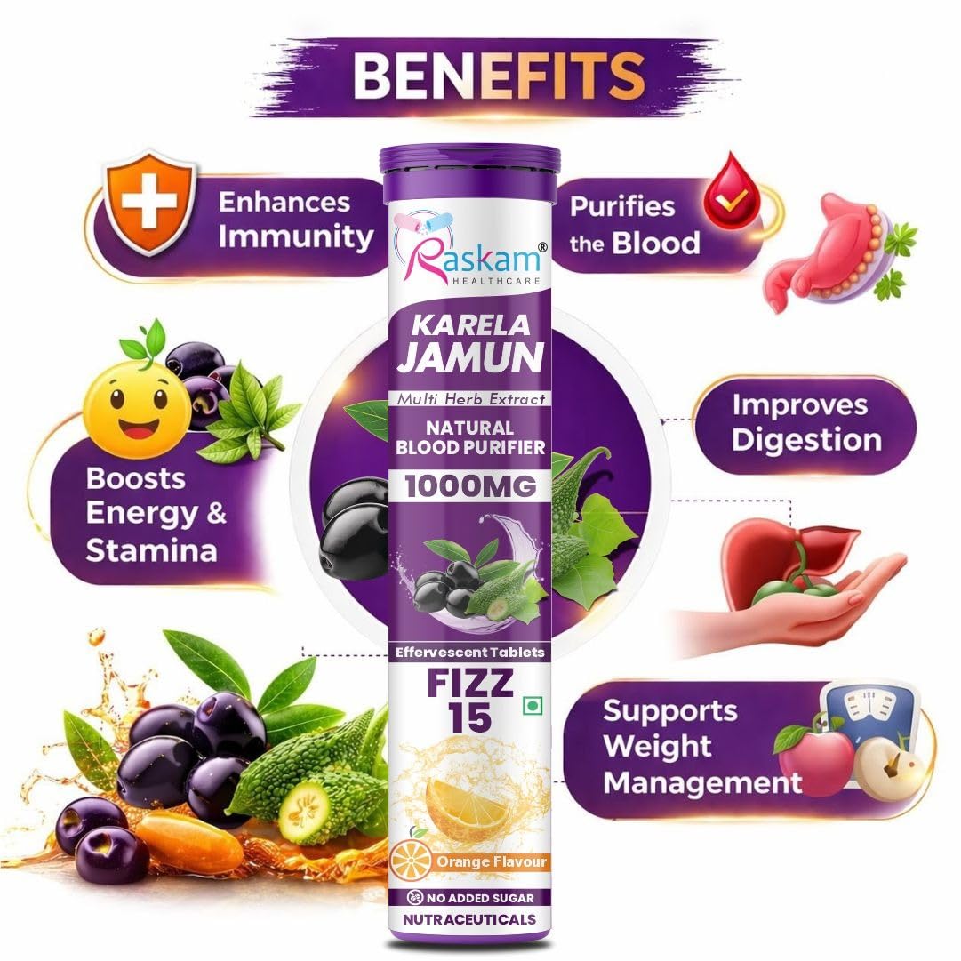 Raskam Karela Jamun Effervescent Tablets | Helps in High Sugar Condition|Promotes Healthy Glucose Levels | Boosts Digestive Health| Supports Daily Blood Sugar Management & Insulin Function| Orange Flavor, Pack of 4