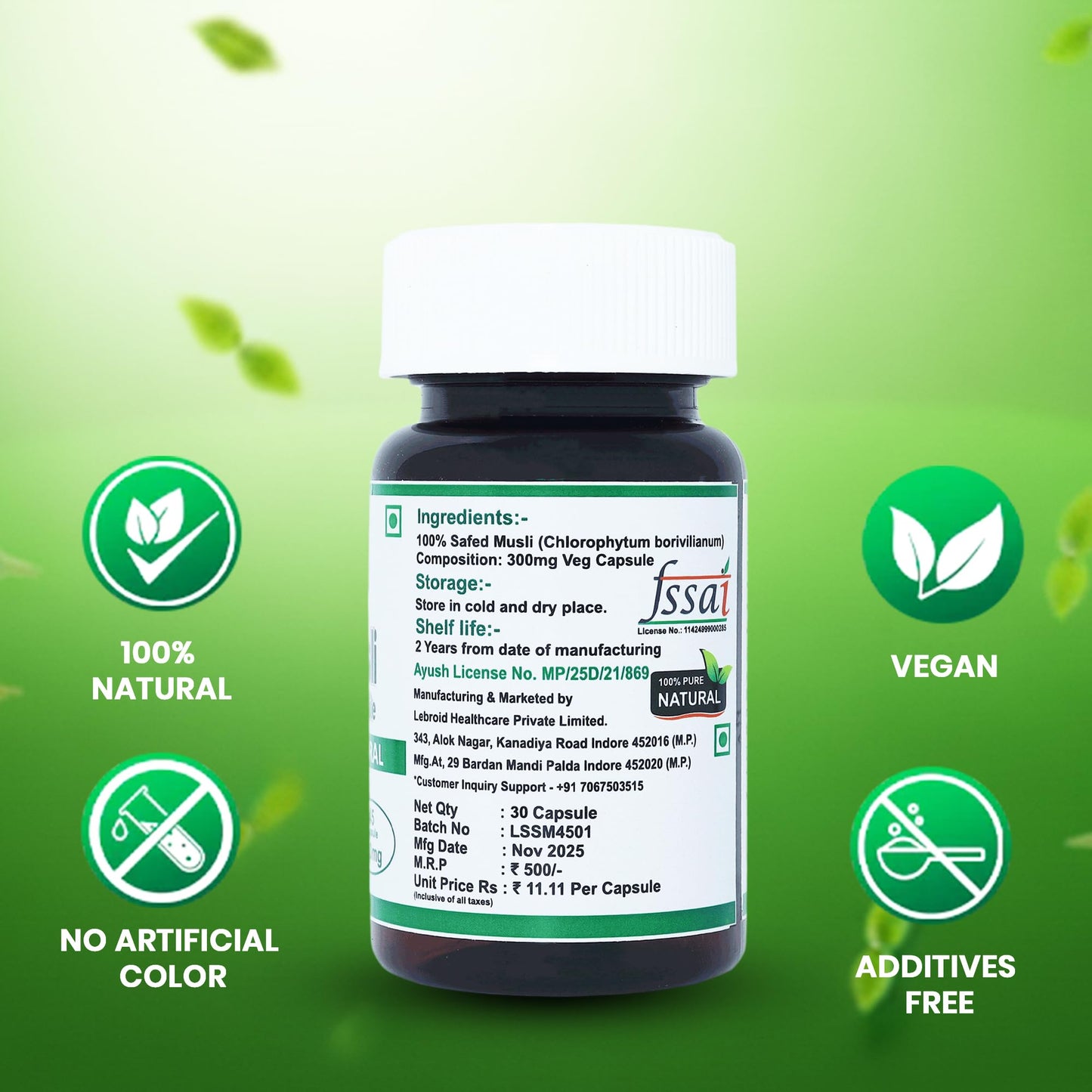 Lebrostone Safed Musli Capsules 30| Strength, Stamina & Vitality Support | Ayurvedic Energy Booster for Men & Women | Pure Herbal Supplement | 30 Veg Capsules