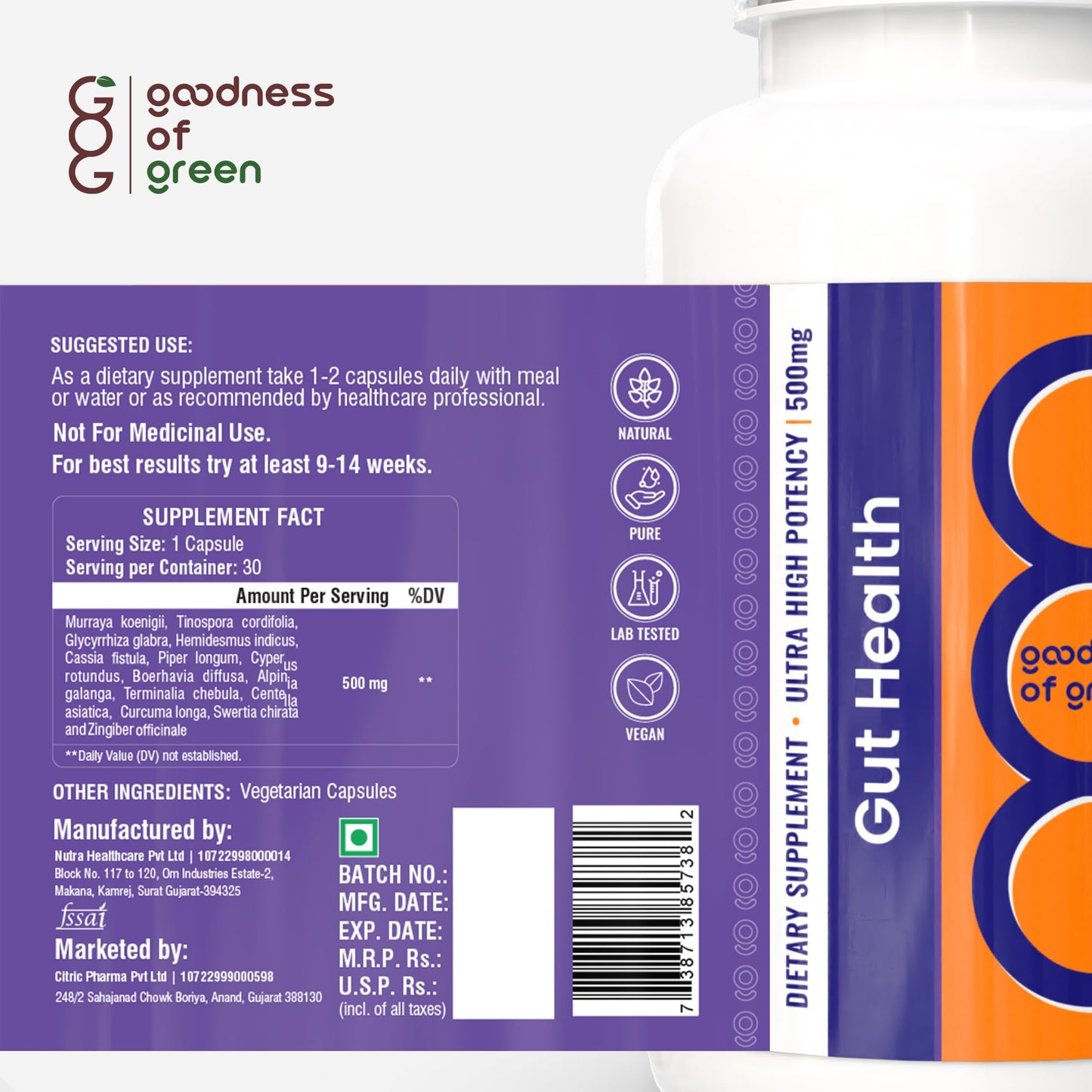 Goodness of Green Gut Health Capsules, 14 Powerful Herbs, Supports Smooth Digestion, Reduces Gas & Bloating, Improves Nutrient Absorption, and Strengthens Gut Immunity, 30 Veg Capsules