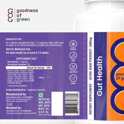 Goodness of Green Gut Health Capsules, 14 Powerful Herbs, Supports Smooth Digestion, Reduces Gas & Bloating, Improves Nutrient Absorption, and Strengthens Gut Immunity, 30 Veg Capsules