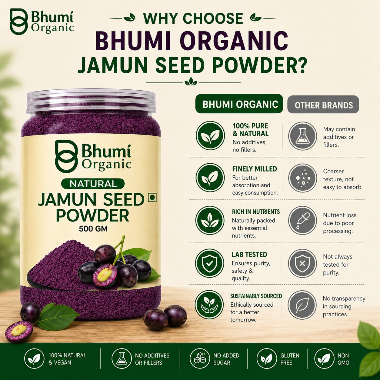 Bhumi Organic Ayurveda Jamun Seed Powder for Diabetes - 500 Grams - Pure Natural Herbal Supplement
