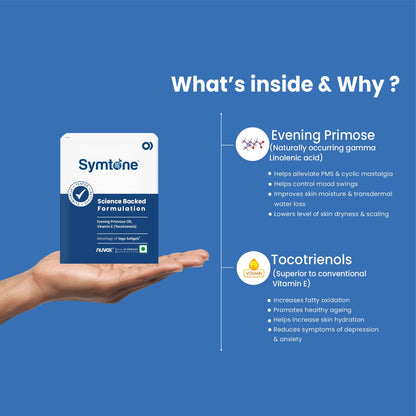 Symtone Vege Softgel Capsules | For PMS, Menopause, Hair and Skin Health | Enriched with Evening Primrose Oil and Vitamin E | 15 Vege soft gel capsules (Pack of 3)