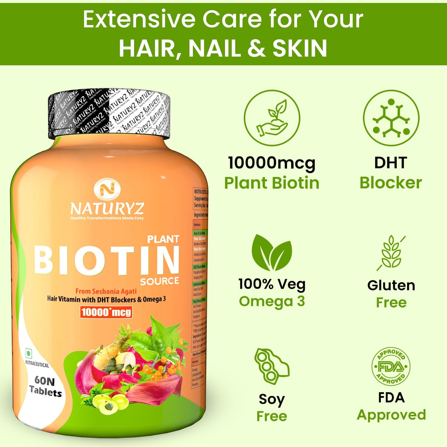 Naturyz Imported Icelandic COD Liver Oil Combo Pack for Immunity Skin Eye Muscle Joint Health & 100% Plant Based Biotin Tablets with High Protein Vitamin DHT Omega 3 for Strong Hairs, Nails Growth