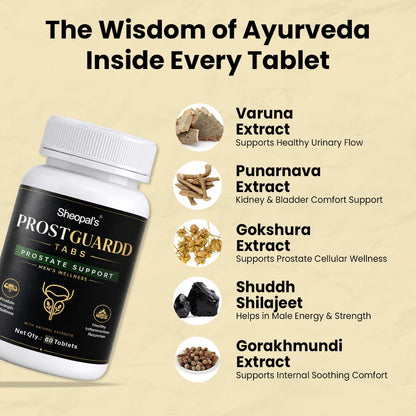 Sheopals Prostguardd Support Tablets for Men | Ayurvedic Urinary Wellness Supplement with Shilajit, Punarnava, Gokshura & Varuna | Men’s Health Support | 60 Tabs