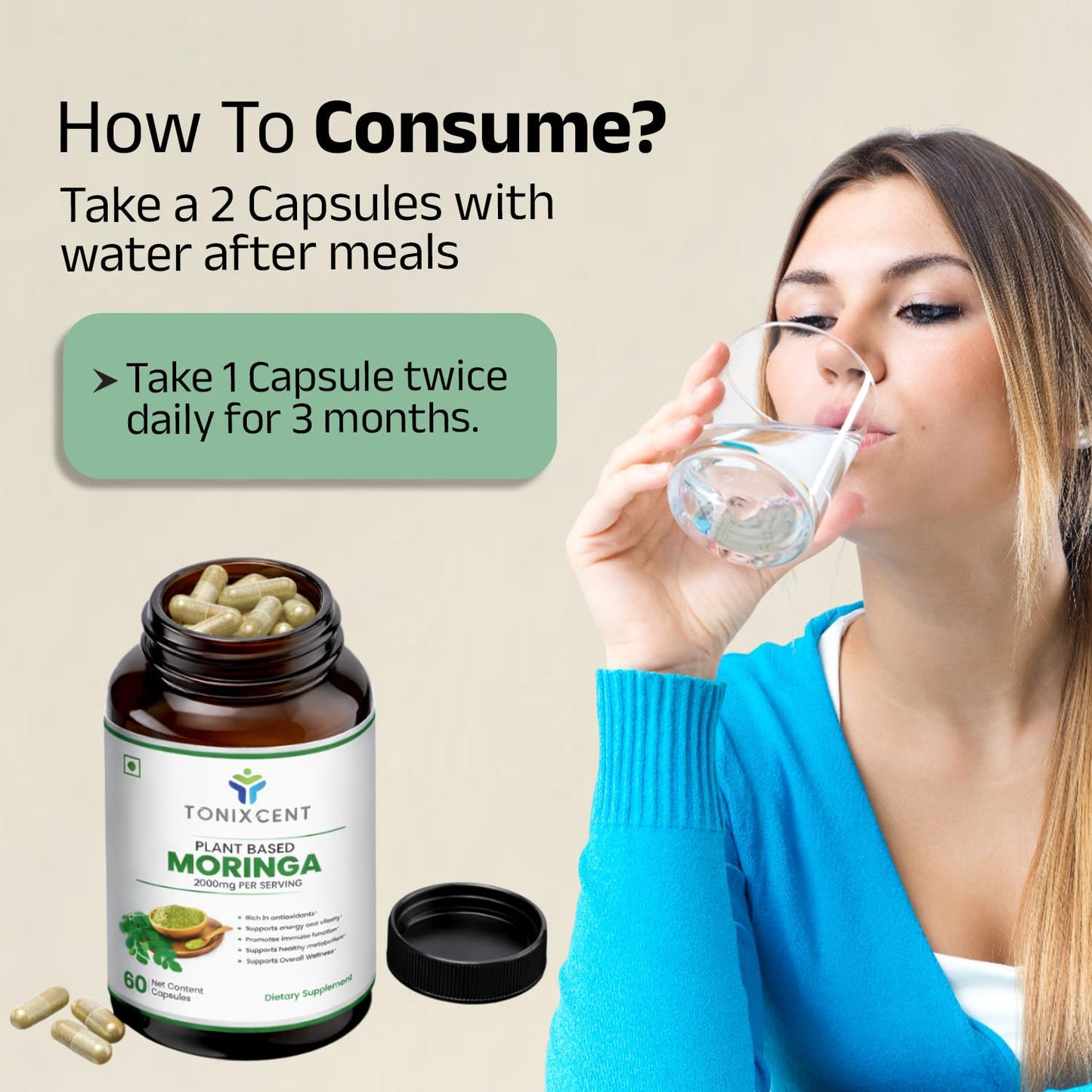 TONIXCENT Moringa Capsules 2000mg Per Serving, 100% Plant Based Drumstick Leaf Powder, Rich in Natural Nutrients & Antioxidants, Daily Wellness Support Capsules for Energy & Immunity, 60 Veg Capsules