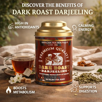 Sancha Dark Roast Darjeeling Tea | 25 Pyramid Bags | Roasted Darjeeling with Floral & Caramel Notes | Master Taster’s Selection