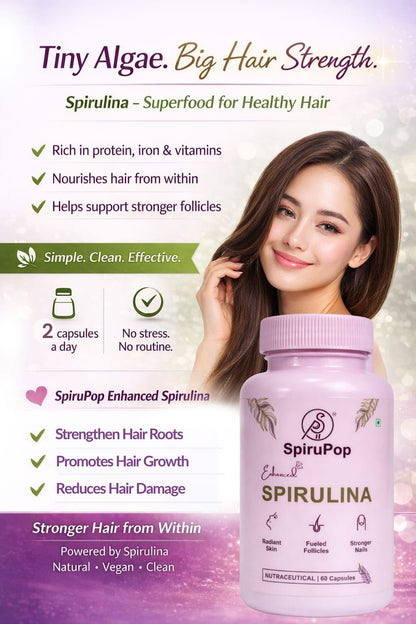 SpiruPop Spirulina Capsules for Women Hair Care | With Biotin, Zinc & Vitamin E | Natural Antioxidant Supplement for Stronger, Healthier Hair | Vegan, Non-GMO, Gluten Free | 60 Capsules