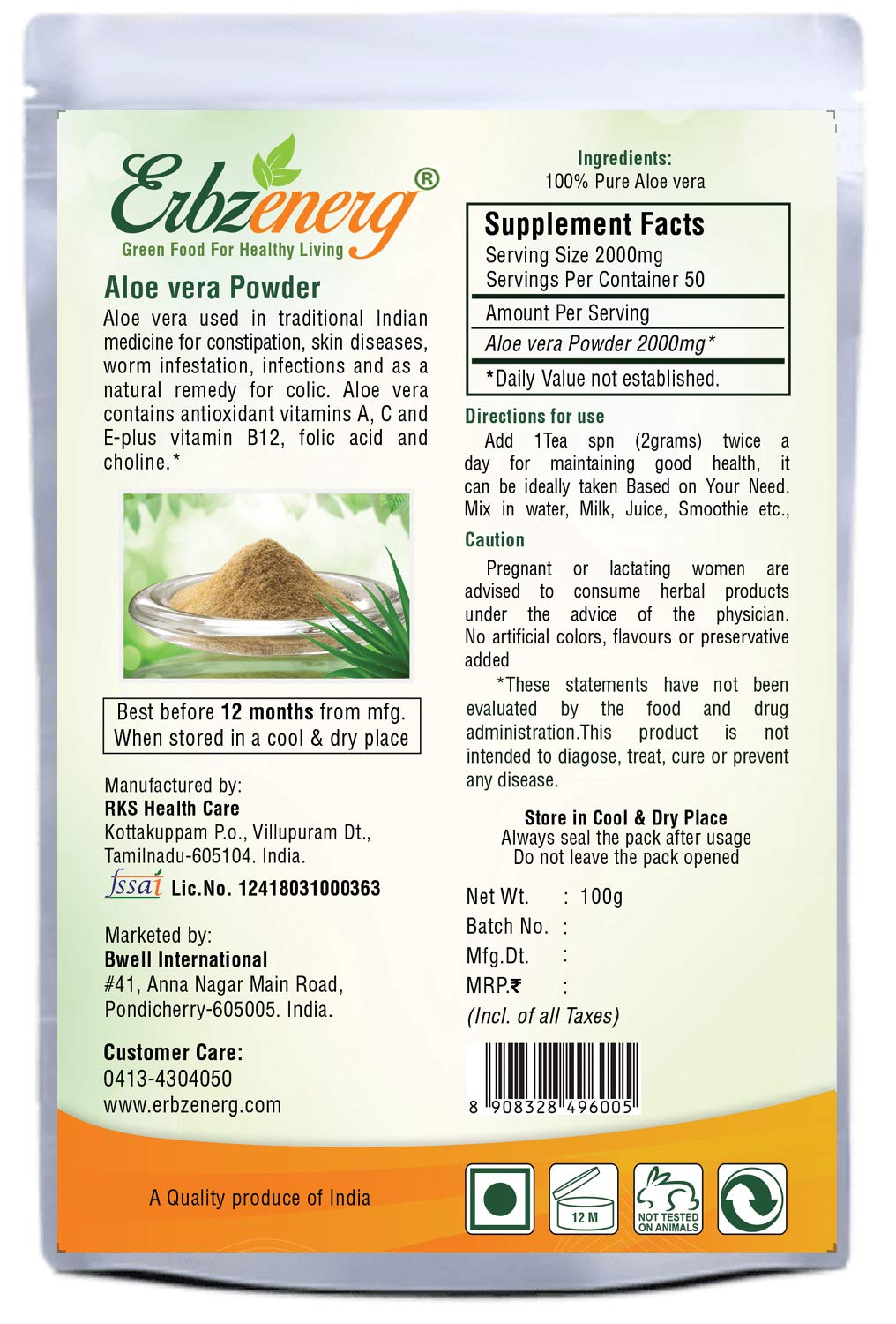 ERBZENERG 100% Natural Aloe vera Powder(Aloe barbandensis) 100g (Pack of 1)