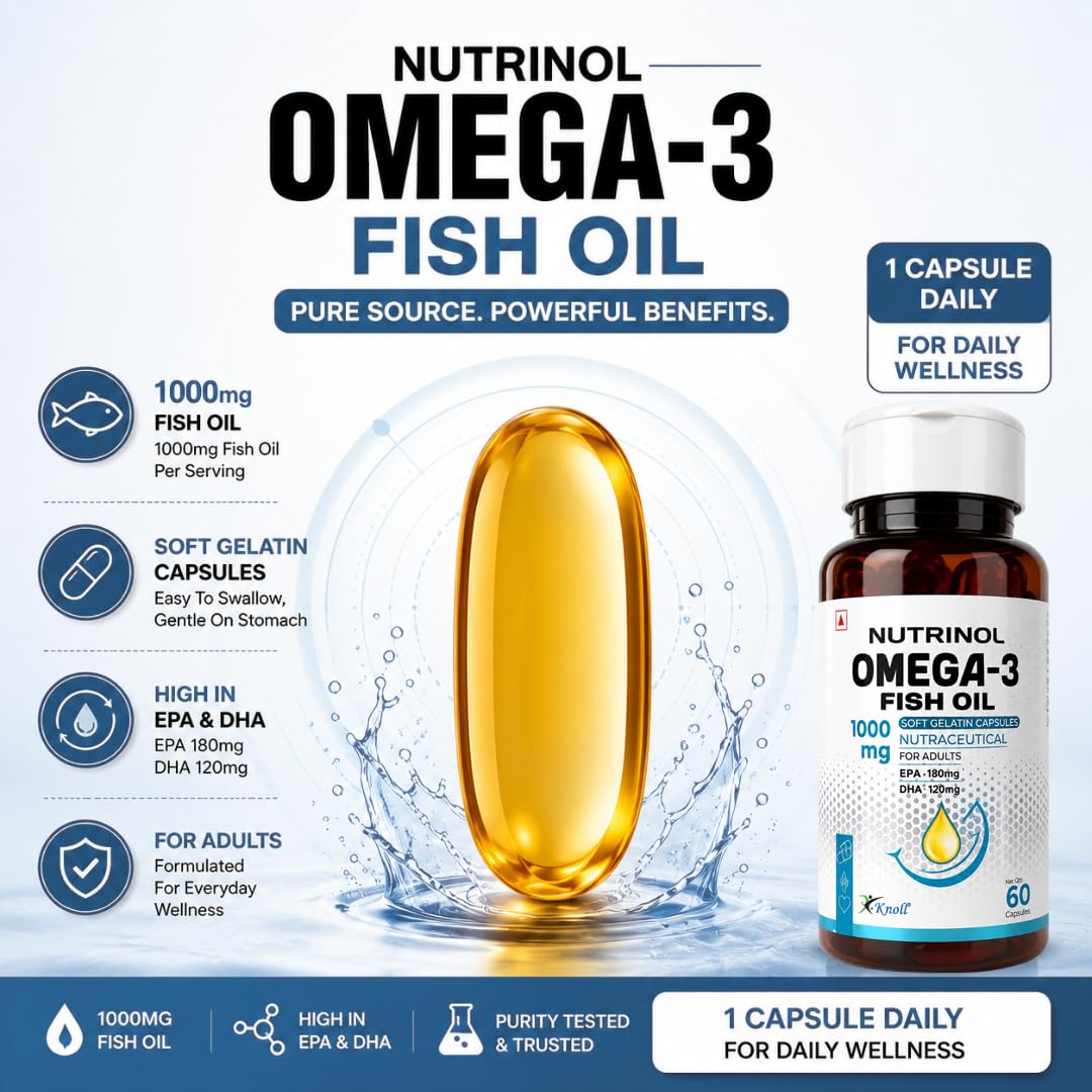 Knoll Nutrinol Fish Oil Omega 3 Capsules 1000mg | EPA & DHA Softgels for Heart, Brain, Bones & Joint Support | Daily Omega 3 Supplement for Men & Women | 60 Capsules (Pack of 3)
