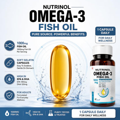 Knoll Nutrinol Fish Oil Omega 3 Capsules 1000mg | EPA & DHA Softgels for Heart, Brain, Bones & Joint Support | Daily Omega 3 Supplement for Men & Women | 60 Capsules (Pack of 2)