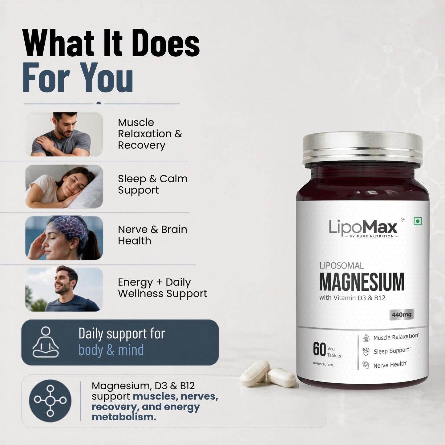 LipoMax Liposomal Magnesium Glycinate Supplement 440mg With Vitamin D3 & B12 | Magnesium Tablets For Muscle Relaxation, Sleep Support & Nerve Health - 60 Veg Tablets