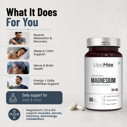 LipoMax Liposomal Magnesium Glycinate Supplement 440mg With Vitamin D3 & B12 | Magnesium Tablets For Muscle Relaxation, Sleep Support & Nerve Health - 60 Veg Tablets