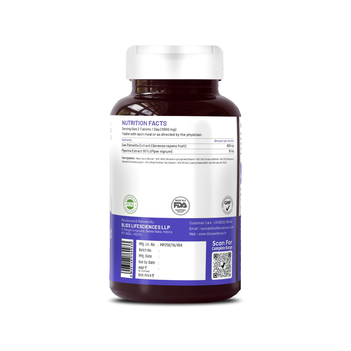 Bliss Welness Saw Palmetto Extract 800 MG | Hair Growth Prostate Health Support Urinary Tract Function Prevent Hair Fall Ayurvedic DHT Blocker Health Supplement - 120 Tablets (2 Month Pack)