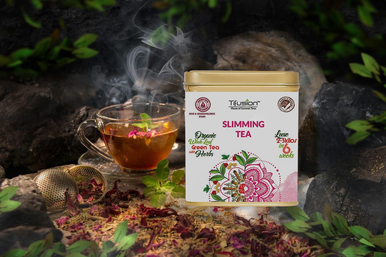 Tifusion Slimming Healthy Green Tea for with Garcinia, Cinnamon, Ginger, Ashwagandha, Tulsi | Natural Herbal Whole Loose Leaf With Herbs| 100 Gms 50 Serving Cups