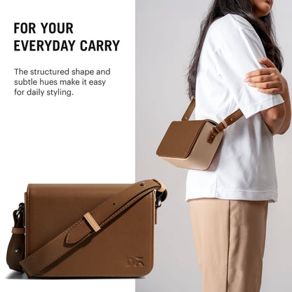 DailyObjects Sol Box Sling Crossbody Bag For Women, Girls Durable Vegan Leather, Stylish Ladies Wallet Purse, Latest Shoulder Handbag, Magnetic Flap Closure & Adjustable Wide Strap, Walnut