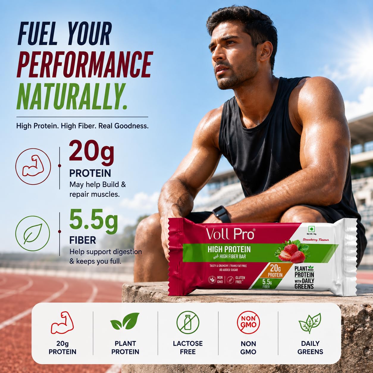 Voll Pro Plant Protein Bar with Daily Greens - High Protein 20g, Fiber 5.5g, 0g Sugar - Strawberry Flavour- Non-GMO- Gluten & Trans Fat Free-Crunchy, Delicious Nutrient-Rich Protein Bars,(50g X 6 Bar) -Pack Of 6 Bar (Pack Of 6, Strawberry)
