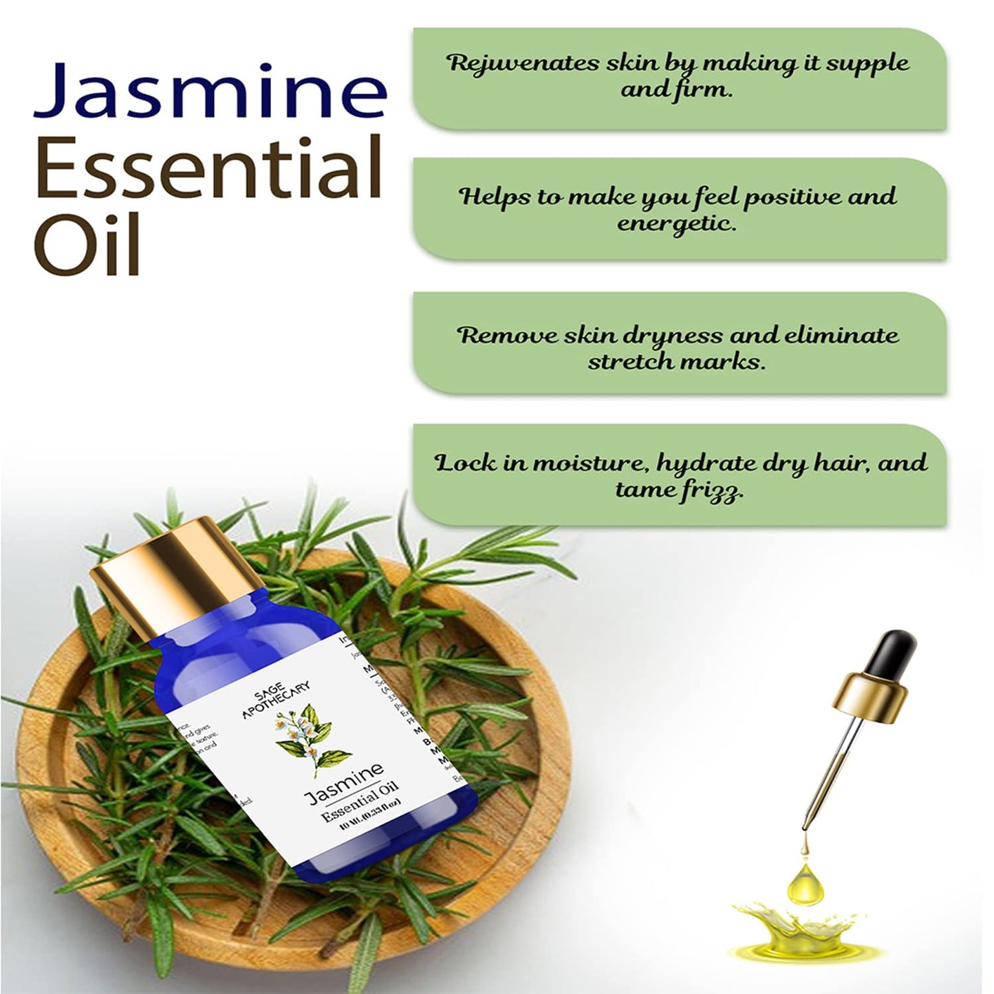 Sage Apothecary Jasmine Essential Oil 100% Pure & Natural for Healthy Skin Care, Face, helps Hair Growth, Diffuser Aromatherapy Fragrance & Massage, Stress Relief -10ml