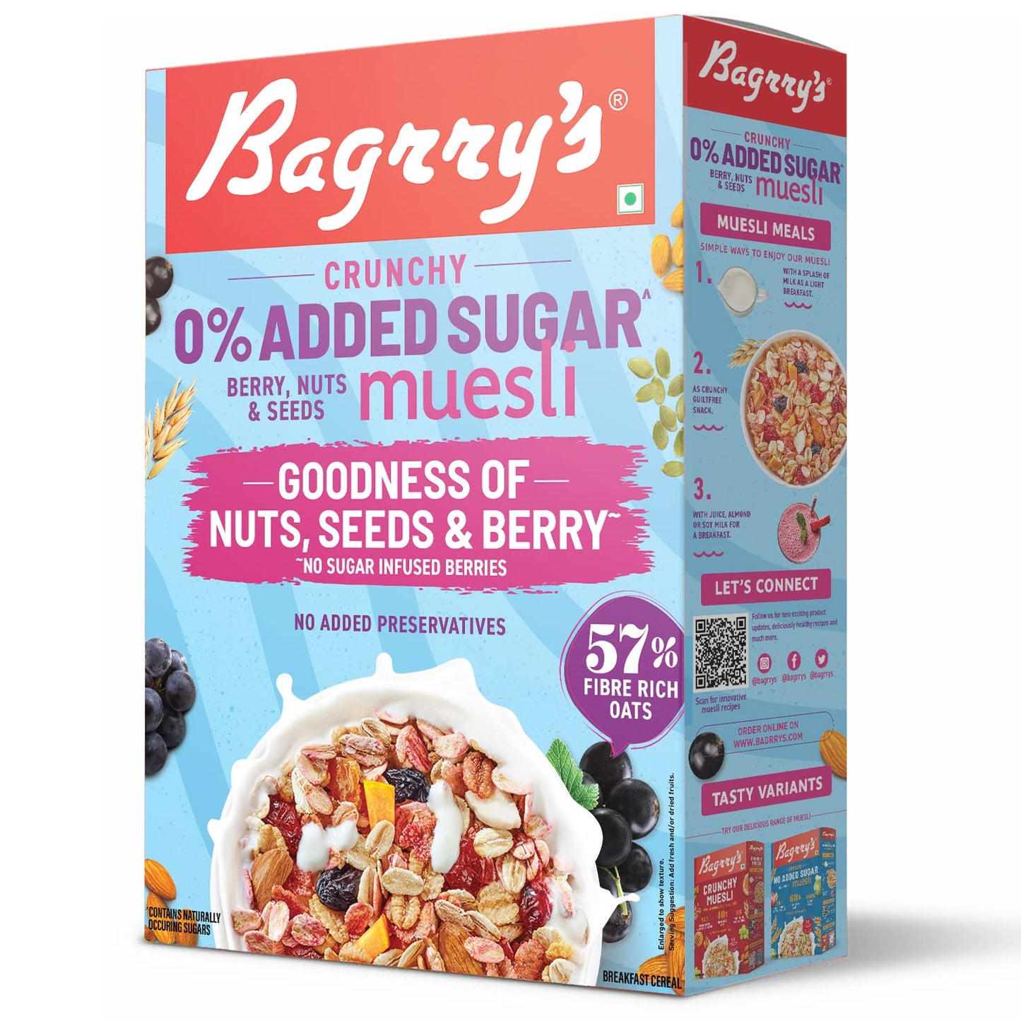 Bagrrys 0% Added Sugar Muesli – Berry, Nuts & Seeds 500g | Whole Grain Breakfast Cereal | Helps Manage Weight |0% Added Sugar