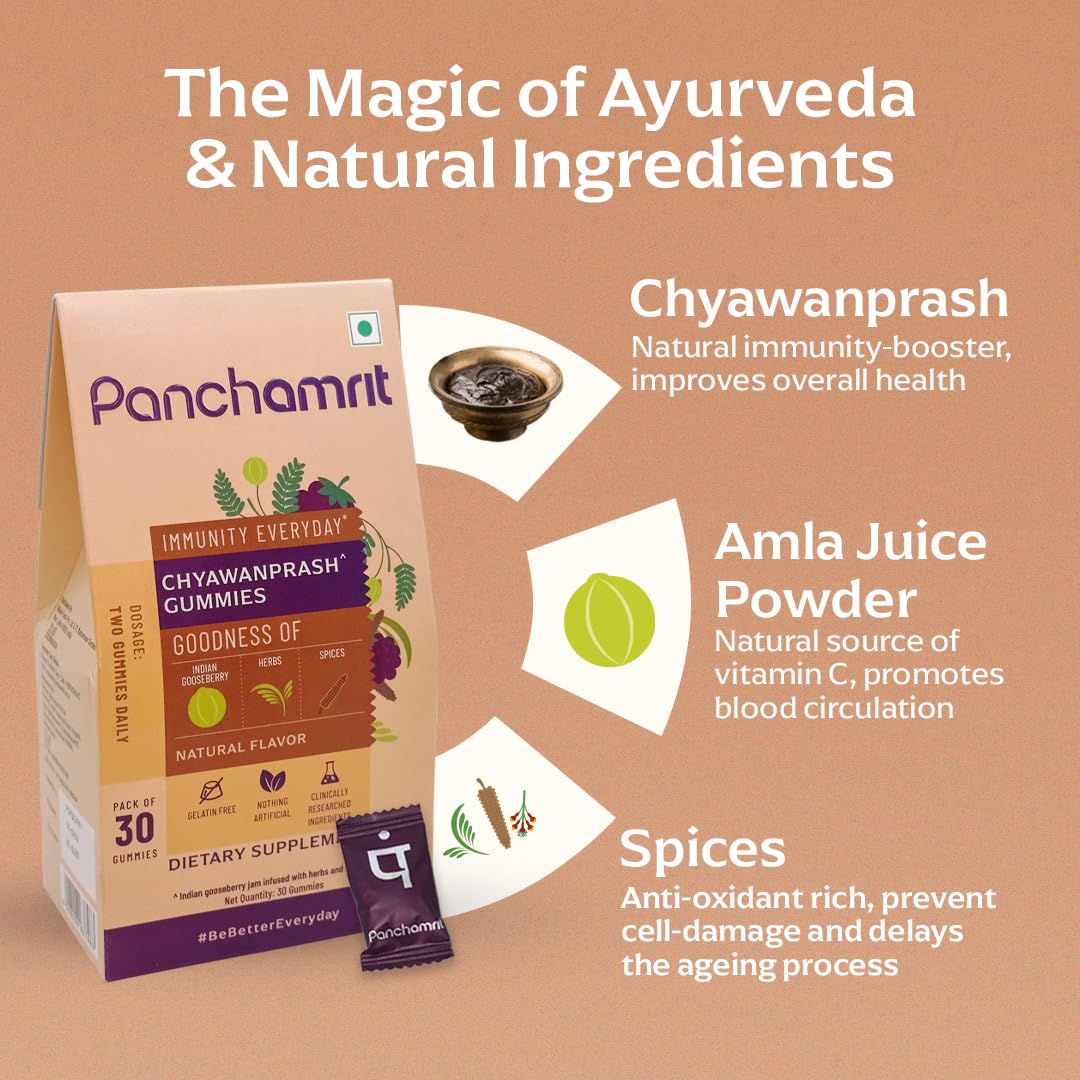 Panchamrit 100% Natural Chyawanprash Gummies - 30 Gummies(Pack of 1) | Boosts Immunity & Energy Levels along with Anti-ageing benefits | With 18+ Ayurvedic herbs & Vitamin C rich Amla For Kids & Adult