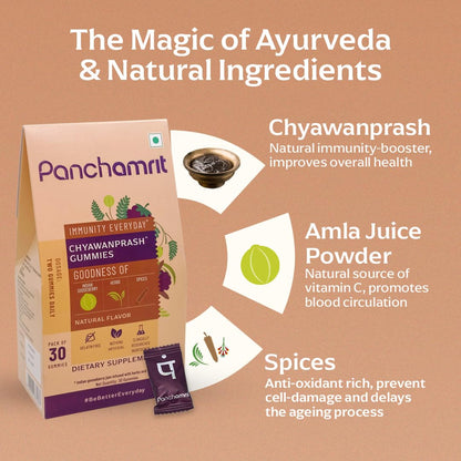 Panchamrit 100% Natural Chyawanprash Gummies - 30 Gummies(Pack of 1) | Boosts Immunity & Energy Levels along with Anti-ageing benefits | With 18+ Ayurvedic herbs & Vitamin C rich Amla For Kids & Adult