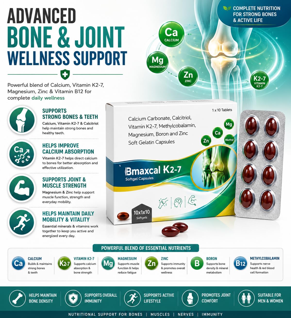 Docttray Healthcare Bmaxkal Calcium Supplement Softgel Capsules with Vitamin K2-7, Magnesium, Zinc, 10 Softgel