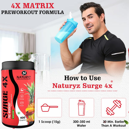 Naturyz Surge 4X Pre Workout, 400g Powder (Mix fruit fusion flavour) with 4000mg Beta-Alanine, 3500mg L- Citrulline,Creatine,L- Arginine & Aminos