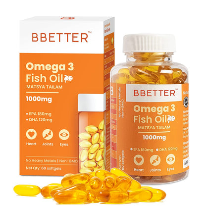 BBETTER Omega 3 Fish Oil Capsules For Heart, Joints & Brain Health, Fish Oil Omega 3 capsule 1000mg for Women & Men 180 mg EPA 120 mg DHA - 60 Softgels