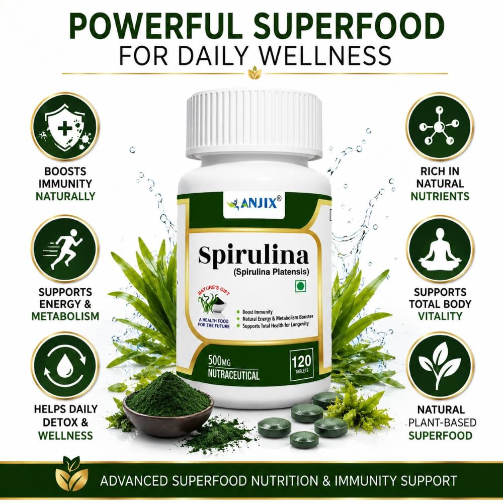 ANJIX Spirulina Tablets 500 mg | Plant Based Superfood Supplement for Energy Immunity & Daily Wellness | Vegetarian Tablets Pack of 120