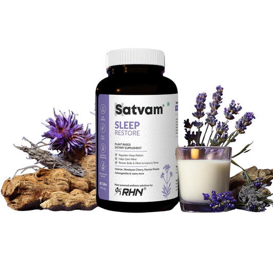 SATVAM Sleep Restore, Relaxation & Stress Relief Tablets (60 Veg Pills), Plant-Based, Vegan Formula with Valerian, Ashwagandha & Brahmi Supports for Calmness, Mental Clarity & Emotional Balance