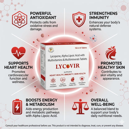 Virgo Healthcare Lycovir Lycopene & Essential Vitamins Tablets | Antioxidant Supplement with Lycopene, Multivitamins | Daily Nutritional Support, Immune Health & General Wellness | 5 x 10 Tablets