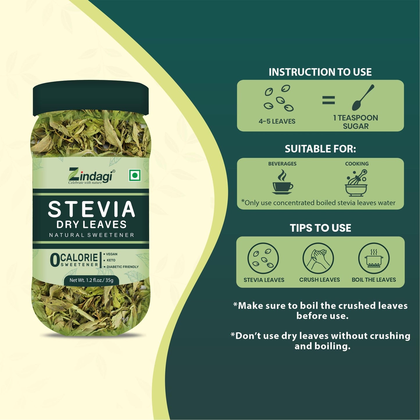 Zindagi Stevia Dry Leaves & Stevia Sachets | Stevia Sugar Free & Zero Clorie Sweetener | Stevia Combo Pack