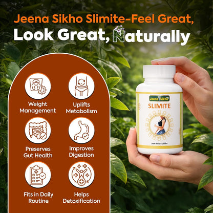 Jeena Sikho Slimite | Ayurvedic Supplement For Gut Health And Burns Calories | Naturally Blended With Harar, Ajwain, And Chitrak Mool | Herbal Remedy To Improve Metabolism, 60 Capsules