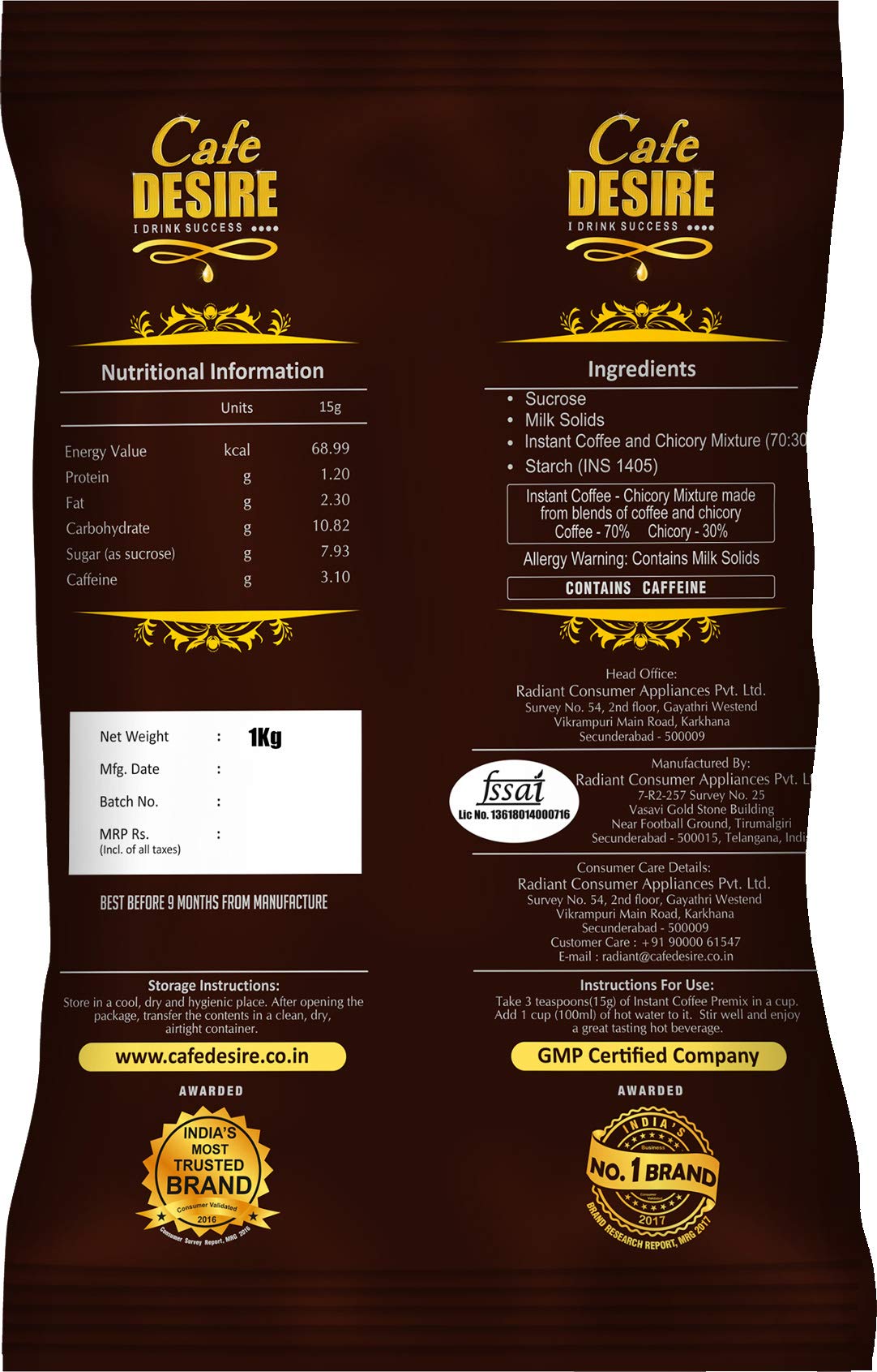 Cafe DESIRE I DRINK SUCCESS Instant Coffee Powder Premix | Milk Not Required | Just Add Hot Water | Taste As Home-Made | Manually And All Vending Machine Suitable | 3 In 1 Packet (1 Kg)