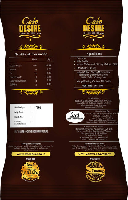 Cafe DESIRE I DRINK SUCCESS Instant Coffee Powder Premix | Milk Not Required | Just Add Hot Water | Taste As Home-Made | Manually And All Vending Machine Suitable | 3 In 1 Packet (1 Kg)
