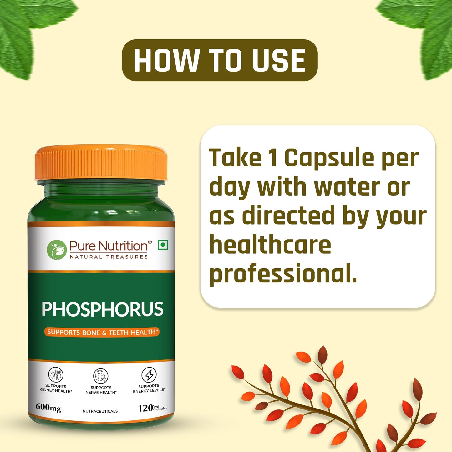Pure Nutrition Phosphorus 600mg – 120 Veg Capsules | Supports Bone & Teeth Health | Kidney, Nerve & Energy Support | Daily Mineral Supplement for Men & Women