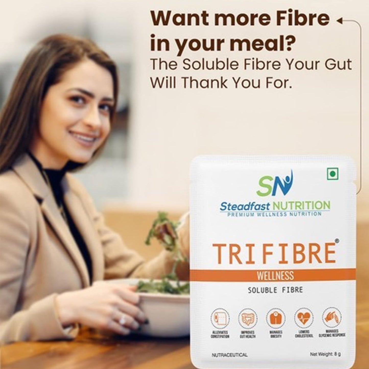 Steadfast Nutrition Tri Fibre Clear Soluble Fiber Supplement for Healthy Gut & constipation Relief Gluten Free (Unflavoured 30 Sachets, 240g)