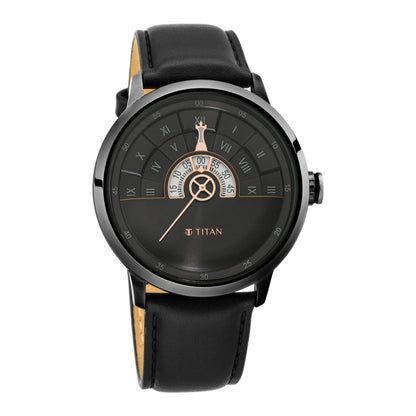 Titan Regalia Grandmaster Black Dial Quartz Analog Leather Strap Watch for Men-NS1828QL03