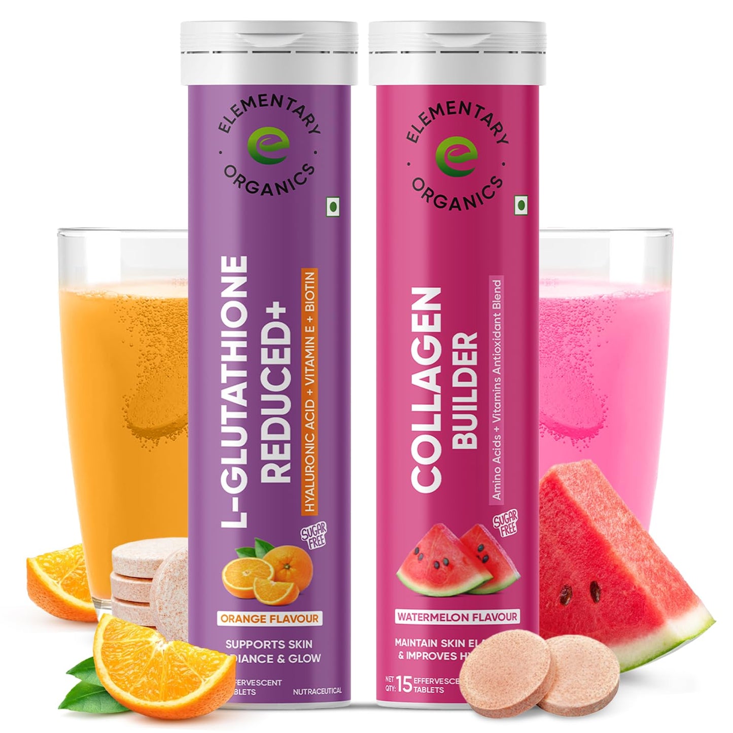 ELEMENTARY ORGANICS Glutathione With Collagen Tablets for Glowing Skin, Radiance, Skin Whitening & Anti Ageing | Hyaluronic Acid, Vitamin C & Vitamin E | 30 Effervescent Tablets